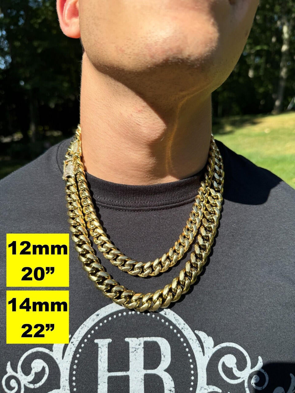 HarlemBling Miami Cuban Link Chain Necklace W. CZ Clasp - 14k Gold Plated Stainless Steel - 16"-30" - 8mm-14mm