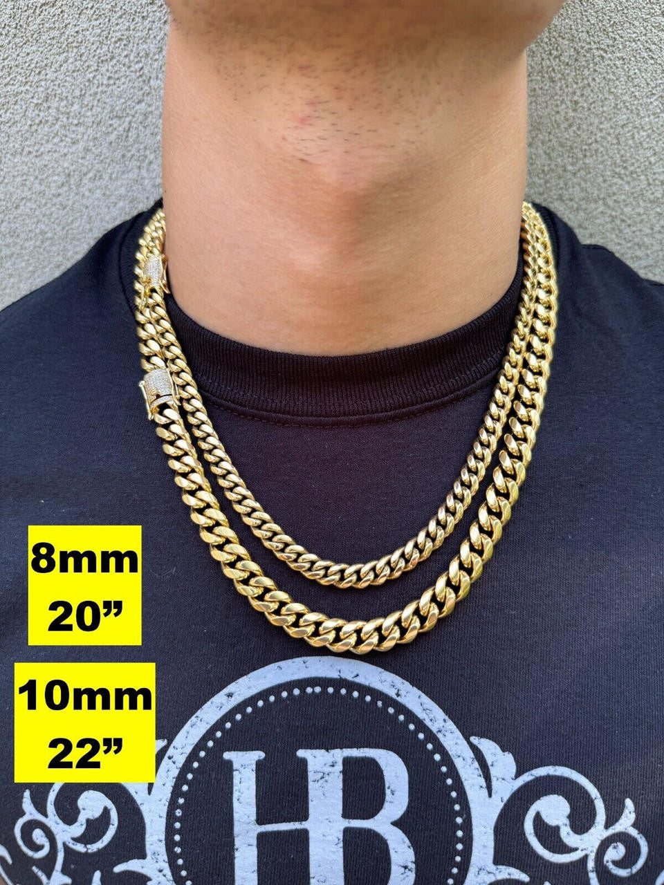 HarlemBling Miami Cuban Link Chain Necklace W. CZ Clasp - 14k Gold Plated Stainless Steel - 16"-30" - 8mm-14mm