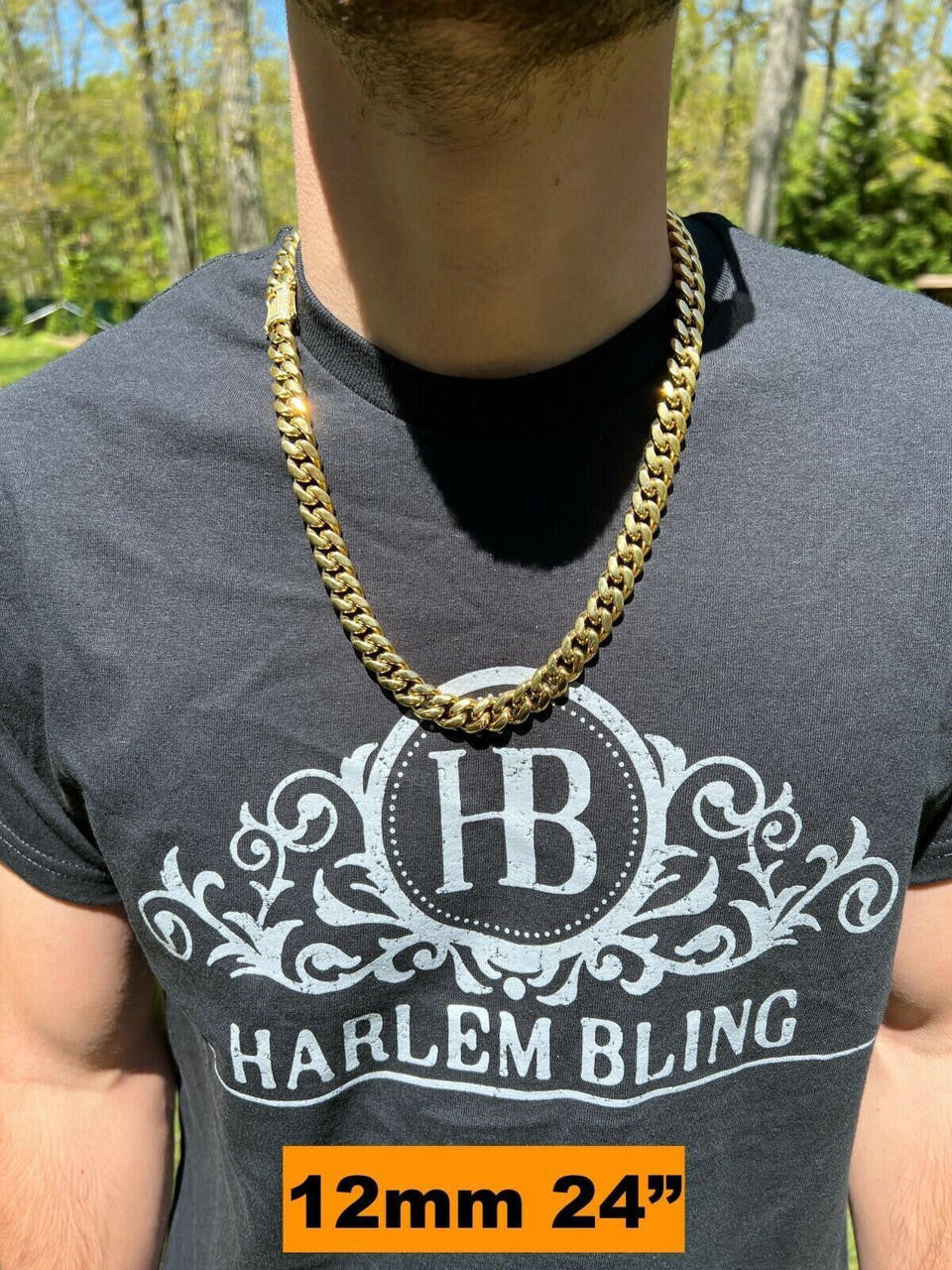 HarlemBling Miami Cuban Link Chain Necklace W. CZ Clasp - 14k Gold Plated Stainless Steel - 16"-30" - 8mm-14mm