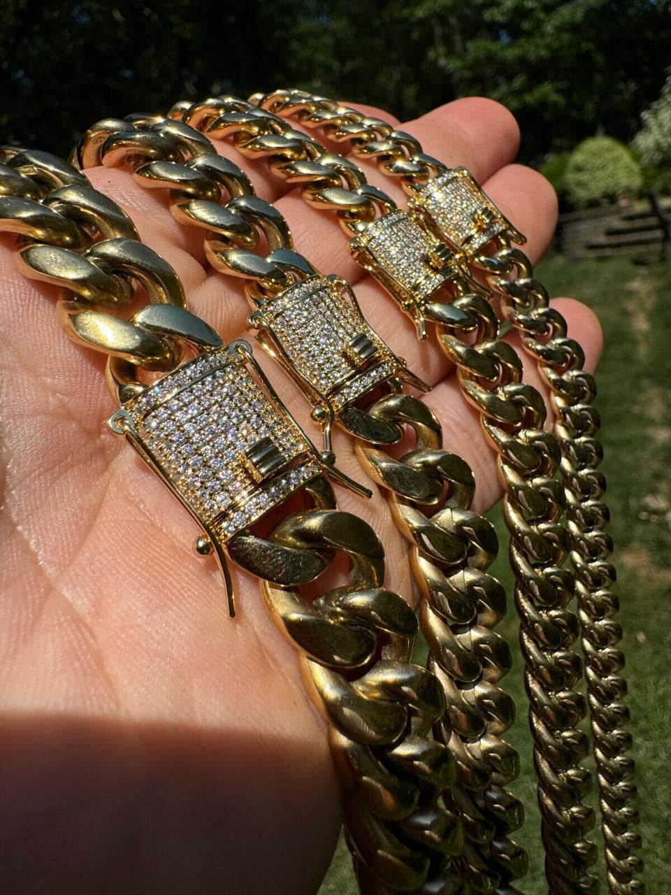 HarlemBling Miami Cuban Link Chain Necklace W. CZ Clasp - 14k Gold Plated Stainless Steel - 16"-30" - 8mm-14mm