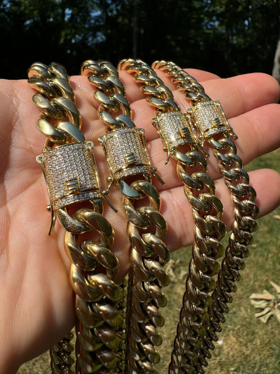 HarlemBling Miami Cuban Link Chain Necklace W. CZ Clasp - 14k Gold Plated Stainless Steel - 16"-30" - 8mm-14mm