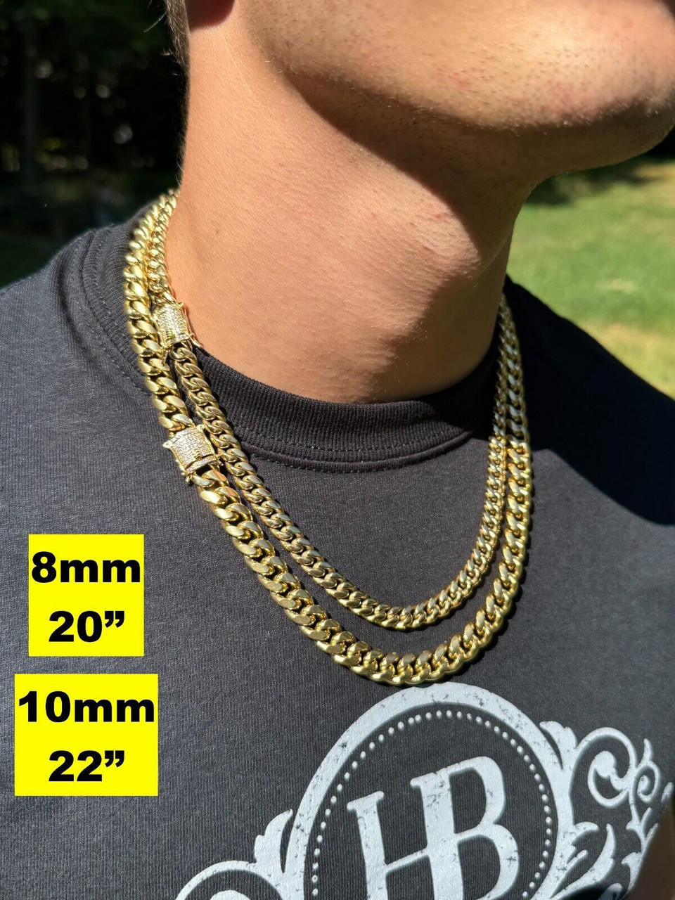 HarlemBling Miami Cuban Link Chain Necklace W. CZ Clasp - 14k Gold Plated Stainless Steel - 16"-30" - 8mm-14mm