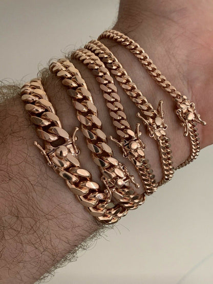 HarlemBling Miami Cuban Link Chain Or Bracelet 14k Rose Gold Over Solid 925 Silver Box Lock