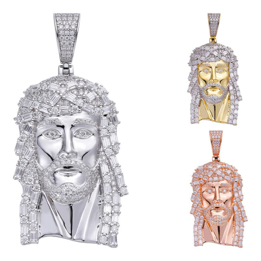 HarlemBling Miami Iced Out Baguette Jesus Pendant - 14k Yellow/Rose Gold Vermeil Or 925 Silver  - CZ Stones   - Medium 2"
