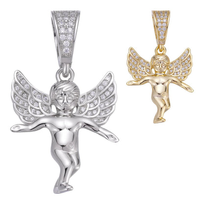 HarlemBling Micro Iced Guardian Winged Angel Pendant - 14k Gold Vermeil Or 925 Silver - CZ Stones - Small 1"
