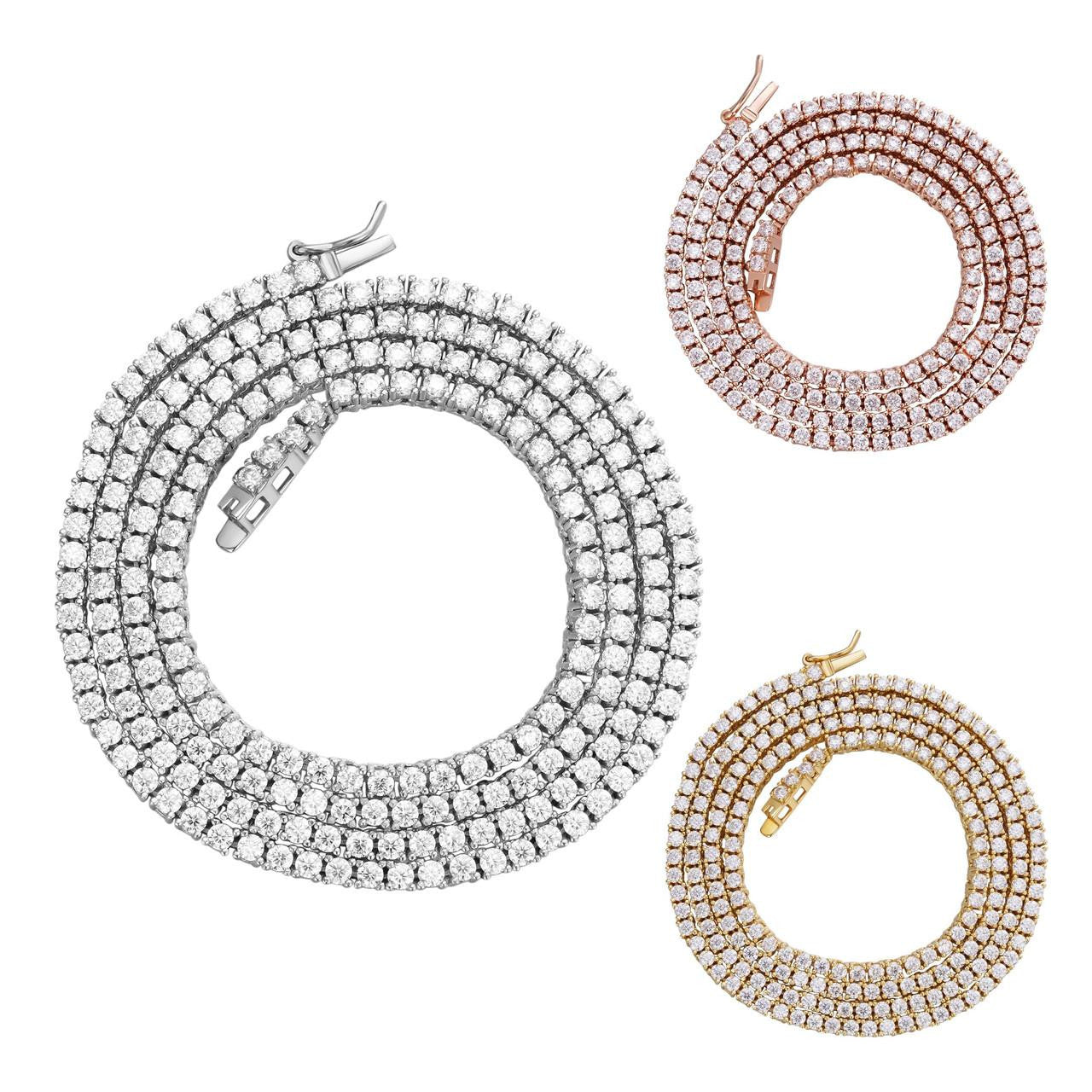 HarlemBling Micro Tennis Chain Necklace Iced Out CZ Stones - 14k Gold Vermeil, Rose Gold Vermeil Or 925 Silver - 2mm - 14-28"