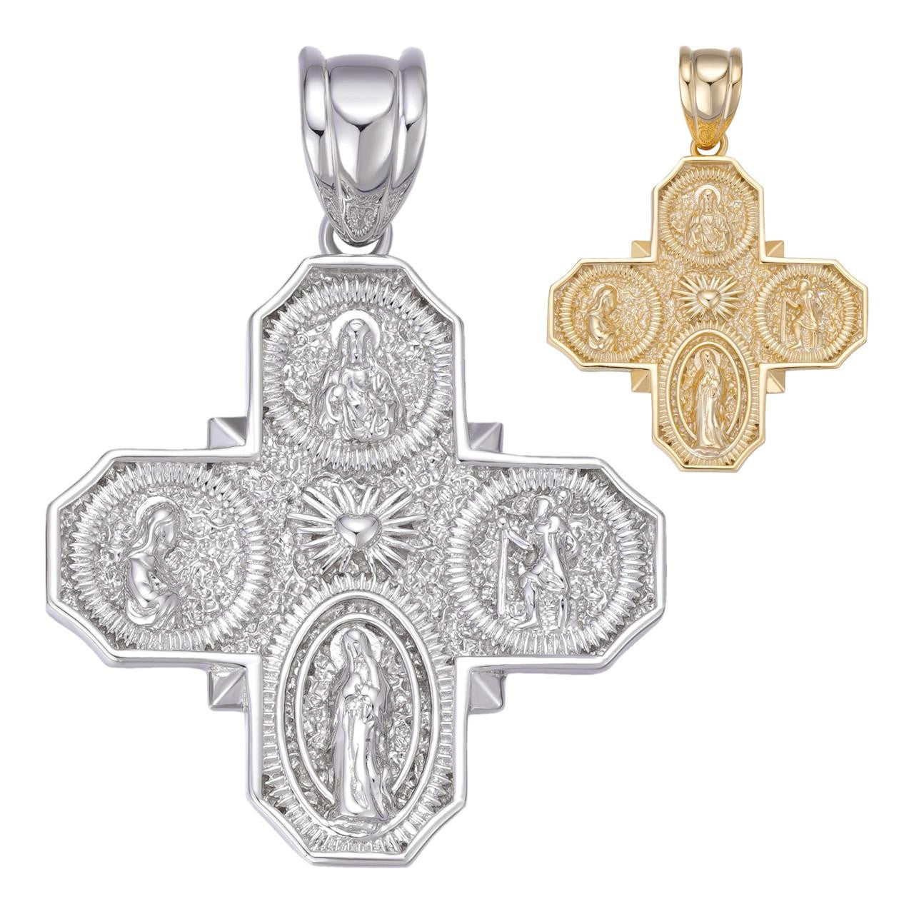 HarlemBling Miraculous Four 4 Way Catholic Cross Pendant - 14k Gold Vermeil Or 925 Silver - Large 3"