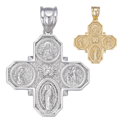 HarlemBling Miraculous Four 4 Way Catholic Cross Pendant - 14k Gold Vermeil Or 925 Silver - Large 3"