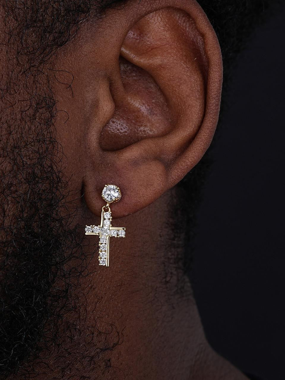 14k Gold & Real 925 Silver Iced Cross Dangle Drop Earrings Diamond
