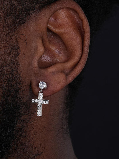 HarlemBling Modern Dangling Cross Iced Out Earrings W. Solitaire Stud - 925 Silver - CZ Stones