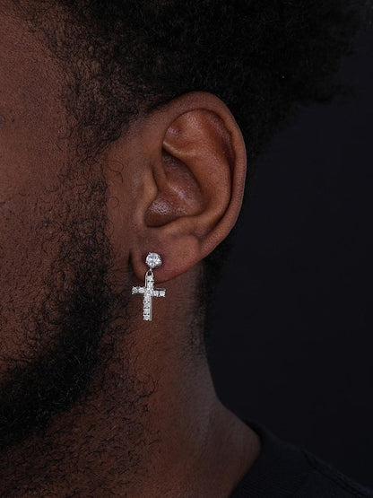 HarlemBling Modern Dangling Cross Iced Out Earrings W. Solitaire Stud - 925 Silver - CZ Stones
