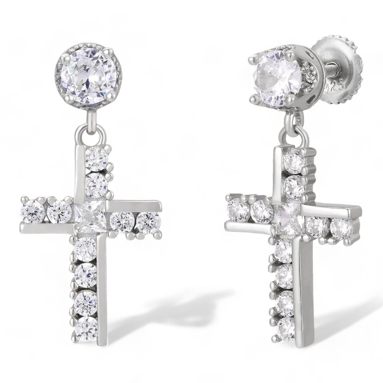 HarlemBling Modern Dangling Cross Iced Out Earrings W. Solitaire Stud - 925 Silver - CZ Stones