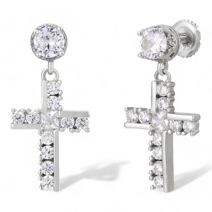 HarlemBling Modern Dangling Cross Iced Out Earrings W. Solitaire Stud - 925 Silver - CZ Stones