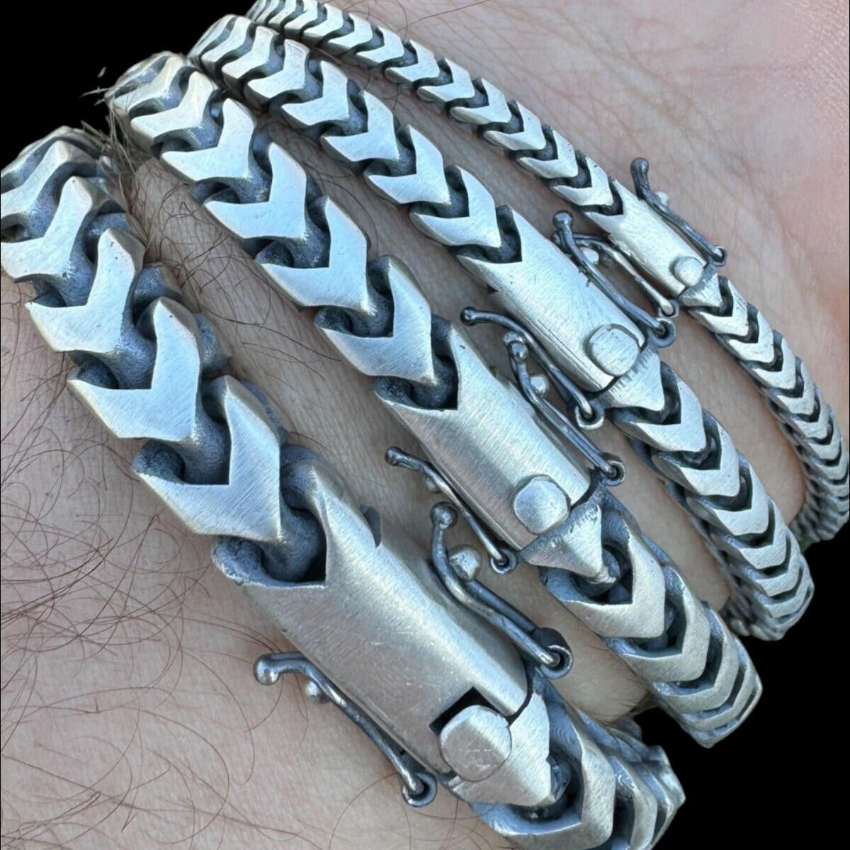 HarlemBling Modern Franco Link Bracelet W. Box Lock - Oxidized 925 Sterling Silver - 7"-9" - 4mm-10mm