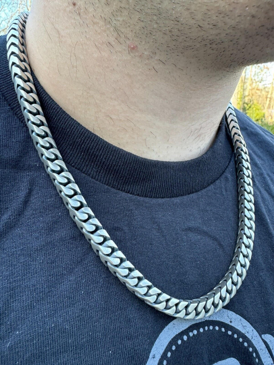 Modern Franco Link Chain Necklace W. Box Lock - Oxidized 925
