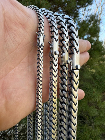 HarlemBling Modern Franco Link Chain Necklace W. Box Lock - Oxidized 925 Sterling Silver - 18"-30" - 4mm-10mm