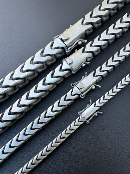 HarlemBling Modern Franco Link Chain Necklace W. Box Lock - Oxidized 925 Sterling Silver - 18"-30" - 4mm-10mm