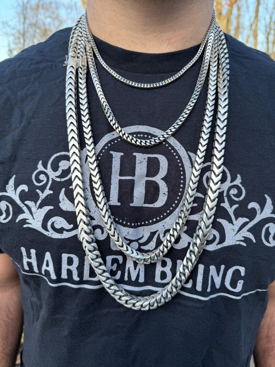 HarlemBling Modern Franco Link Chain Necklace W. Box Lock - Oxidized 925 Sterling Silver - 18"-30" - 4mm-10mm