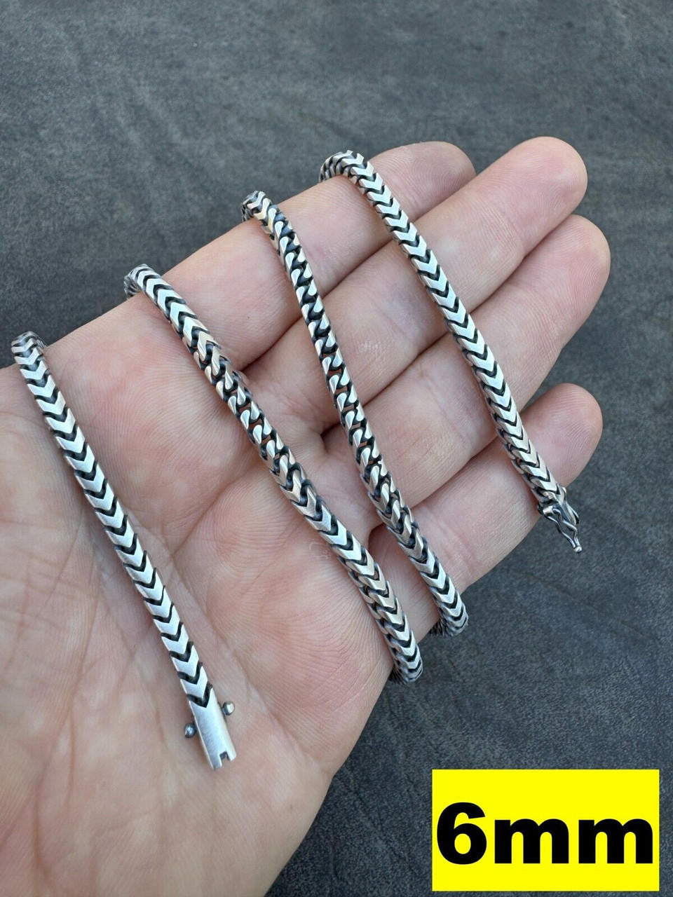 HarlemBling Modern Franco Link Chain Necklace W. Box Lock - Oxidized 925 Sterling Silver - 18"-30" - 4mm-10mm