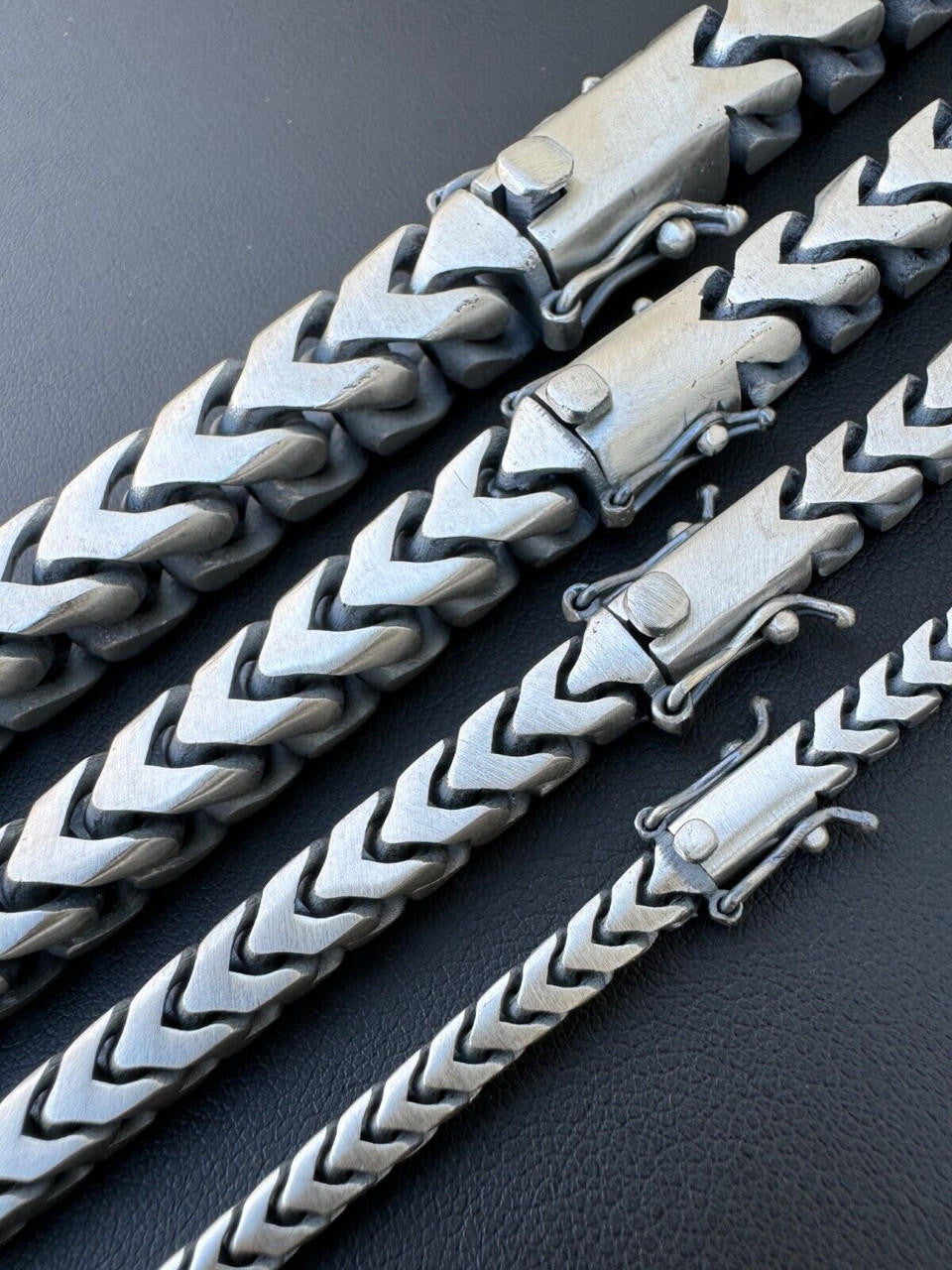 HarlemBling Modern Franco Link Chain Necklace W. Box Lock - Oxidized 925 Sterling Silver - 18"-30" - 4mm-10mm