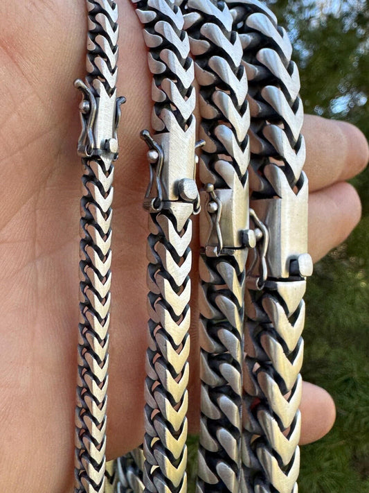 HarlemBling Modern Franco Link Chain Necklace W. Box Lock - Oxidized 925 Sterling Silver - 18"-30" - 4mm-10mm