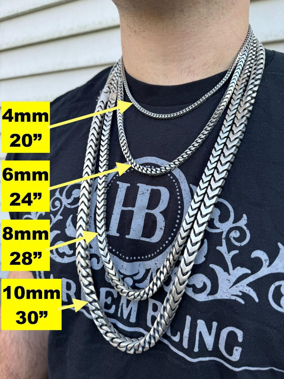 HarlemBling Modern Franco Link Chain Necklace W. Box Lock - Oxidized 925 Sterling Silver - 18"-30" - 4mm-10mm