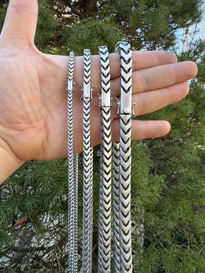 HarlemBling Modern Franco Link Chain Necklace W. Box Lock - Oxidized 925 Sterling Silver - 18"-30" - 4mm-10mm