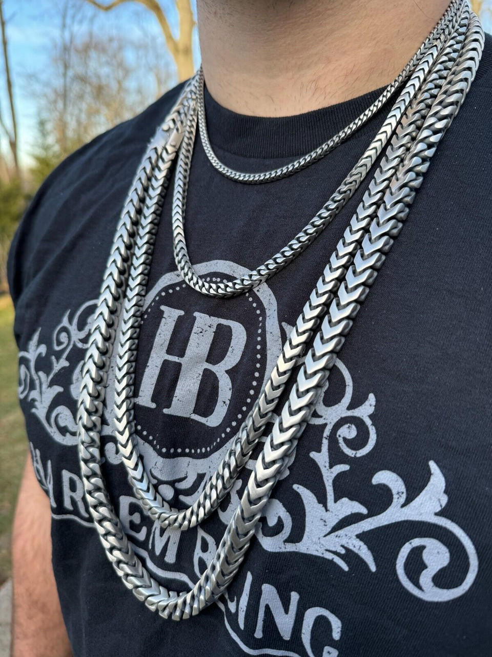 HarlemBling Modern Franco Link Chain Necklace W. Box Lock - Oxidized 925 Sterling Silver - 18"-30" - 4mm-10mm