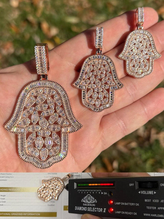 HarlemBling MOISSANITE 100 Evil Eyes Hamsa Hand Iced Out Pendant - 14k Rose Gold Vermeil 925 Silver - 3 Sizes 1.25"-3"