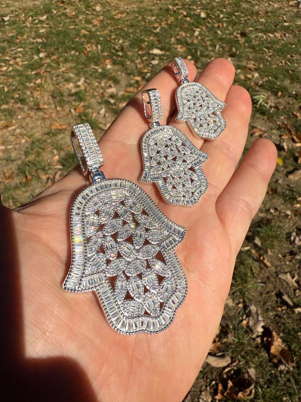 HarlemBling MOISSANITE 100 Evil Eyes Hamsa Hand Iced Out Pendant - 925 Silver - 3 Sizes 1.25"-3"