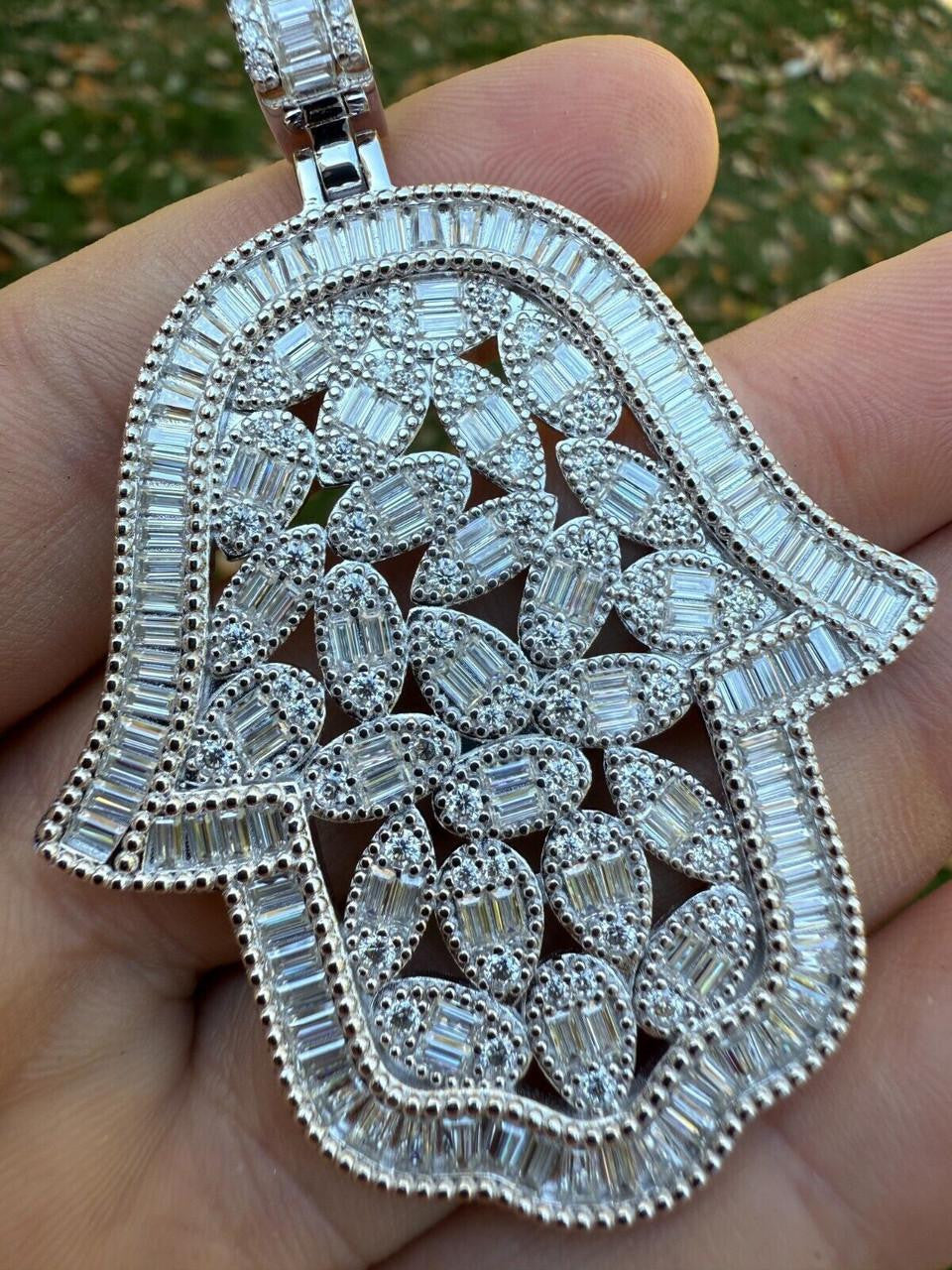 HarlemBling MOISSANITE 100 Evil Eyes Hamsa Hand Iced Out Pendant - 925 Silver - 3 Sizes 1.25"-3"