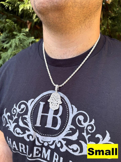 HarlemBling MOISSANITE 100 Evil Eyes Hamsa Hand Iced Out Pendant - 925 Silver - 3 Sizes 1.25"-3"