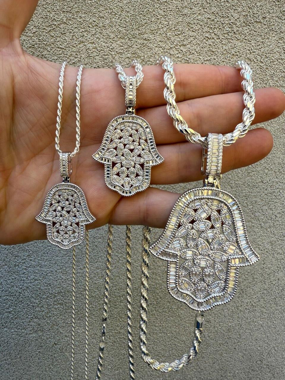 HarlemBling MOISSANITE 100 Evil Eyes Hamsa Hand Iced Out Pendant - 925 Silver - 3 Sizes 1.25"-3"