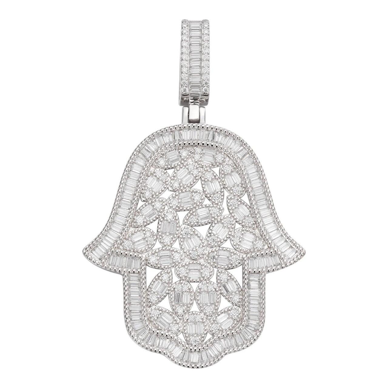 HarlemBling MOISSANITE 100 Evil Eyes Hamsa Hand Iced Out Pendant - 925 Silver - 3 Sizes 1.25"-3"