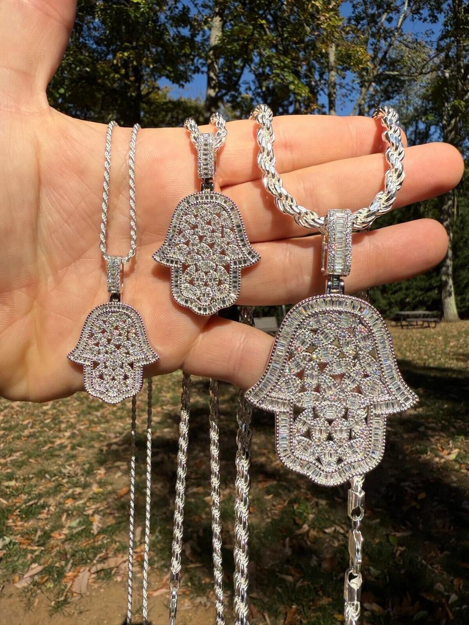 HarlemBling MOISSANITE 100 Evil Eyes Hamsa Hand Iced Out Pendant - 925 Silver - 3 Sizes 1.25"-3"
