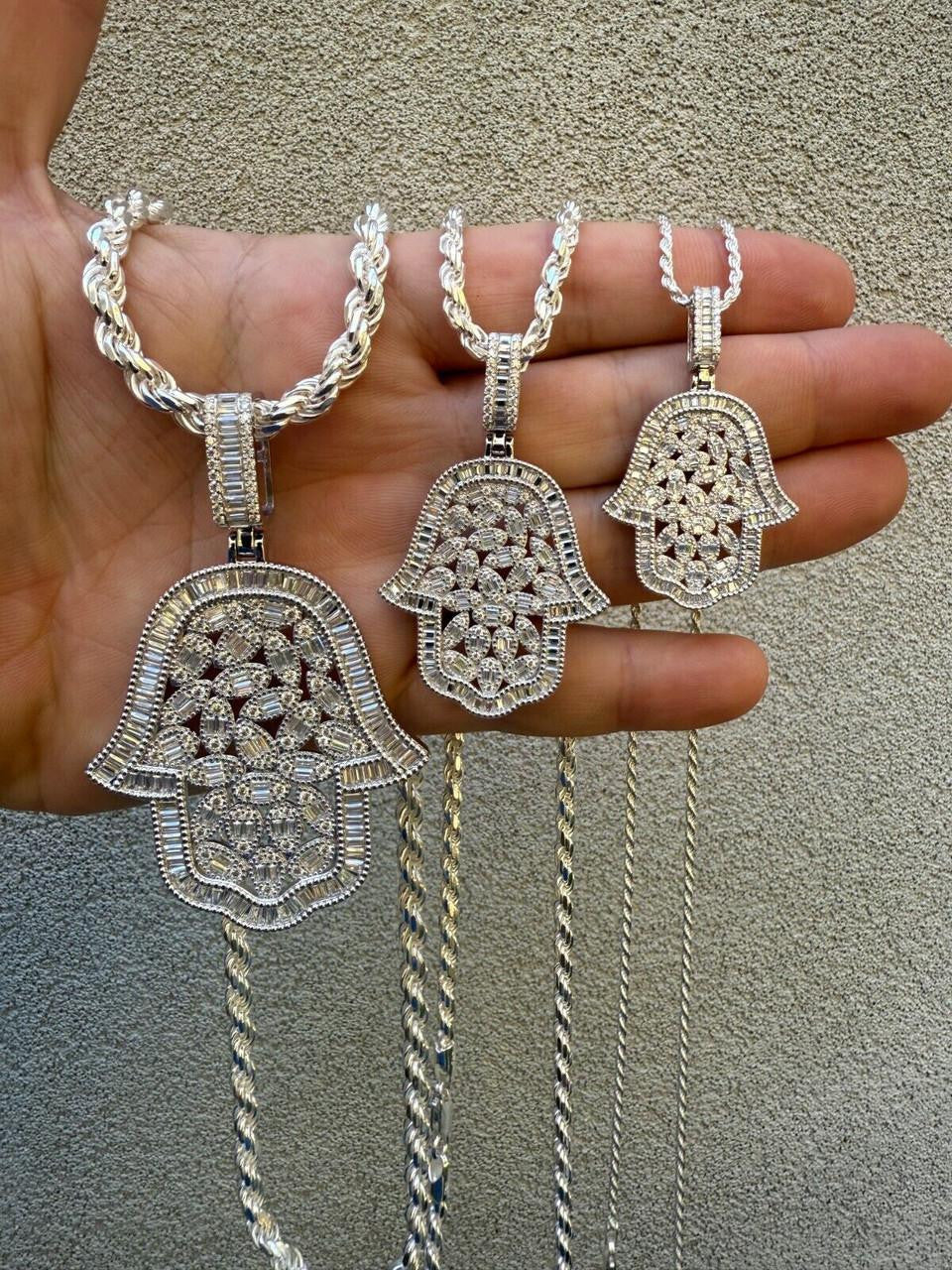 HarlemBling MOISSANITE 100 Evil Eyes Hamsa Hand Iced Out Pendant - 925 Silver - 3 Sizes 1.25"-3"
