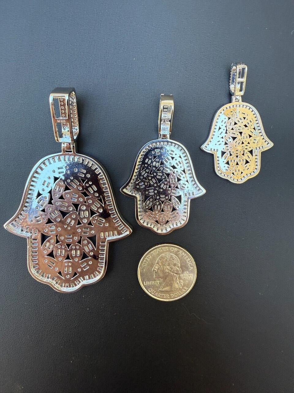 HarlemBling MOISSANITE 100 Evil Eyes Hamsa Hand Iced Out Pendant - 925 Silver - 3 Sizes 1.25"-3"