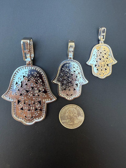 HarlemBling MOISSANITE 100 Evil Eyes Hamsa Hand Iced Out Pendant - 925 Silver - 3 Sizes 1.25"-3"