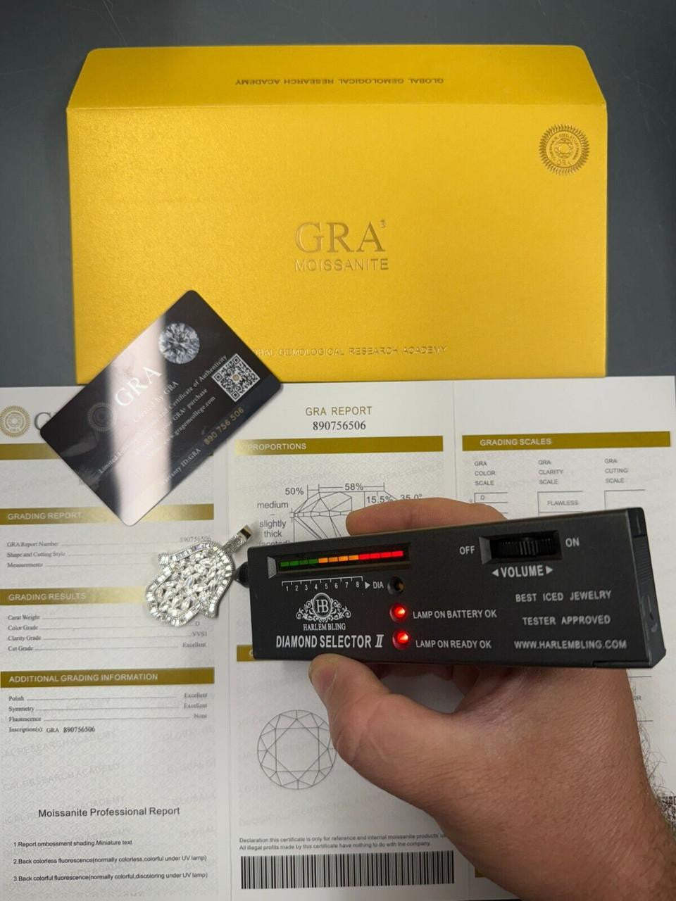 HarlemBling MOISSANITE 100 Evil Eyes Hamsa Hand Iced Out Pendant - 925 Silver - 3 Sizes 1.25"-3"