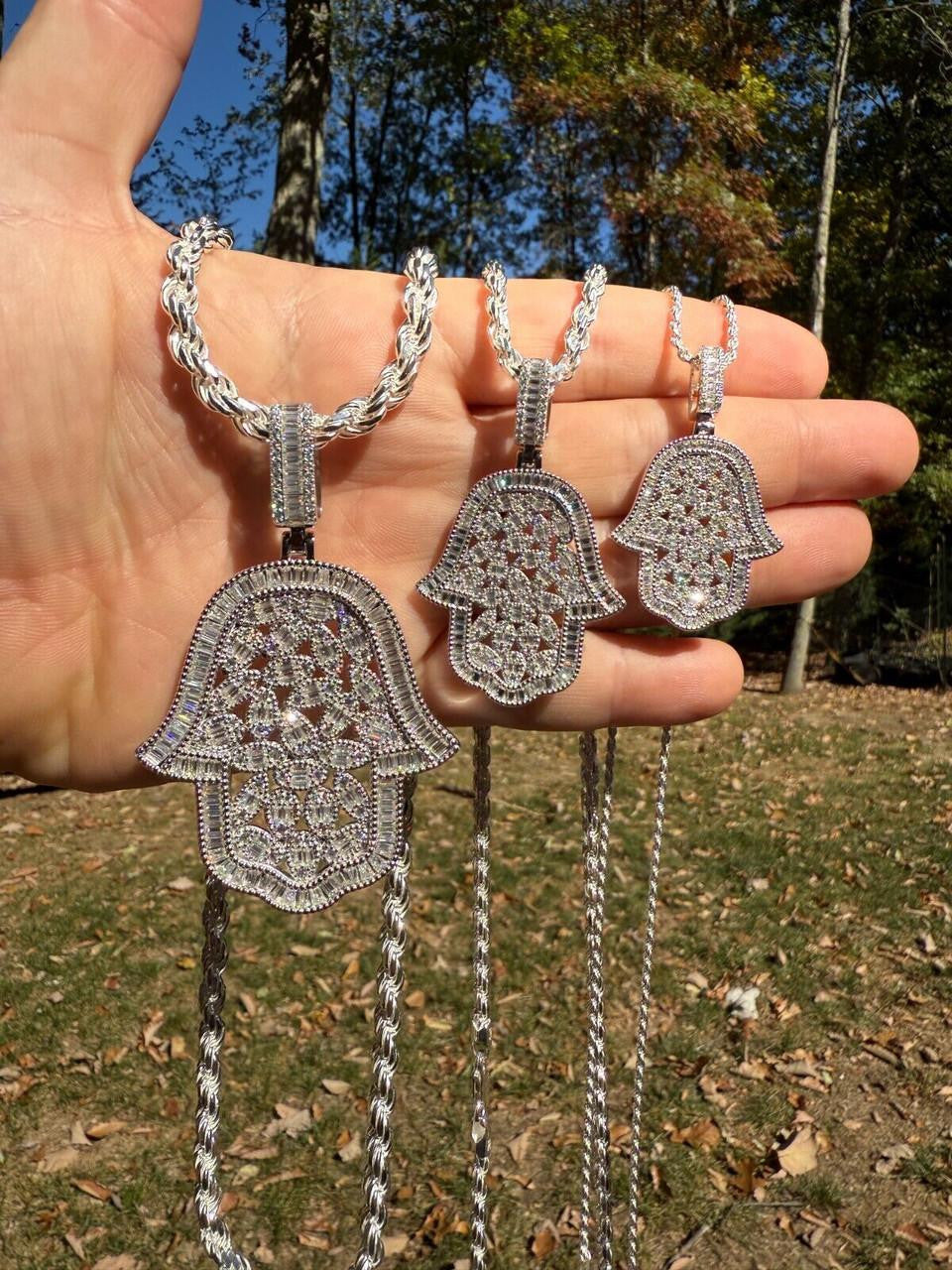HarlemBling MOISSANITE 100 Evil Eyes Hamsa Hand Iced Out Pendant - 925 Silver - 3 Sizes 1.25"-3"