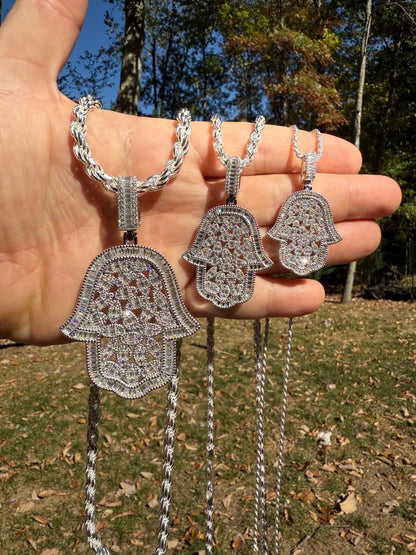 HarlemBling MOISSANITE 100 Evil Eyes Hamsa Hand Iced Out Pendant - 925 Silver - 3 Sizes 1.25"-3"