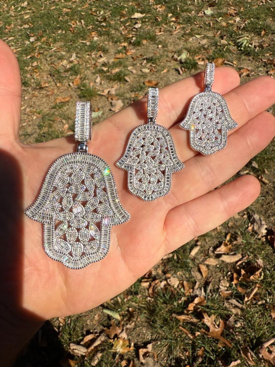 HarlemBling MOISSANITE 100 Evil Eyes Hamsa Hand Iced Out Pendant - 925 Silver - 3 Sizes 1.25"-3"