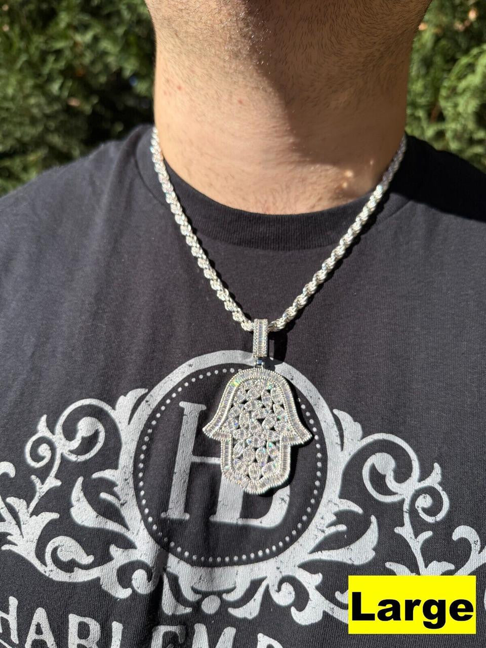 HarlemBling MOISSANITE 100 Evil Eyes Hamsa Hand Iced Out Pendant - 925 Silver - 3 Sizes 1.25"-3"