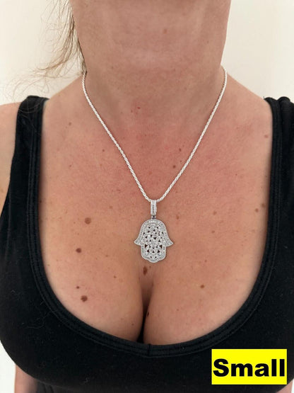 HarlemBling MOISSANITE 100 Evil Eyes Hamsa Hand Iced Out Pendant - 925 Silver - 3 Sizes 1.25"-3"