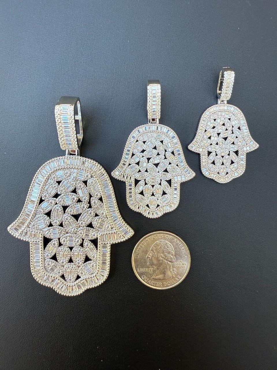 HarlemBling MOISSANITE 100 Evil Eyes Hamsa Hand Iced Out Pendant - 925 Silver - 3 Sizes 1.25"-3"