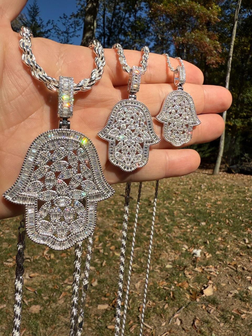 HarlemBling MOISSANITE 100 Evil Eyes Hamsa Hand Iced Out Pendant - 925 Silver - 3 Sizes 1.25"-3"