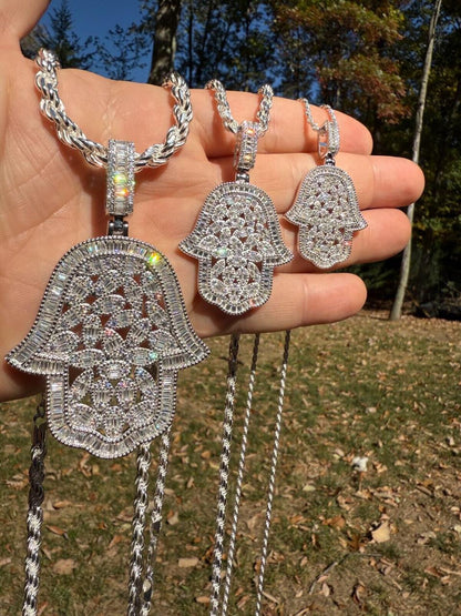 HarlemBling MOISSANITE 100 Evil Eyes Hamsa Hand Iced Out Pendant - 925 Silver - 3 Sizes 1.25"-3"
