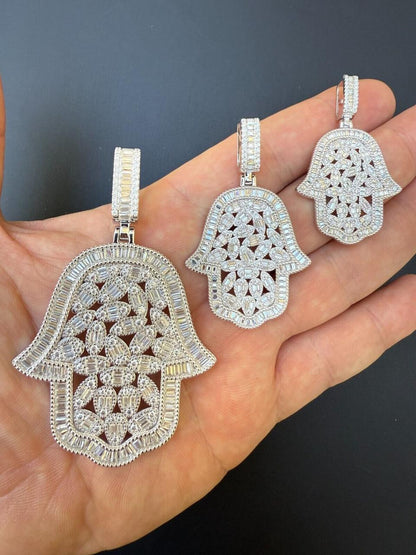 HarlemBling MOISSANITE 100 Evil Eyes Hamsa Hand Iced Out Pendant - 925 Silver - 3 Sizes 1.25"-3"