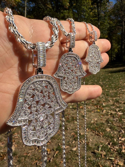 HarlemBling MOISSANITE 100 Evil Eyes Hamsa Hand Iced Out Pendant - 925 Silver - 3 Sizes 1.25"-3"