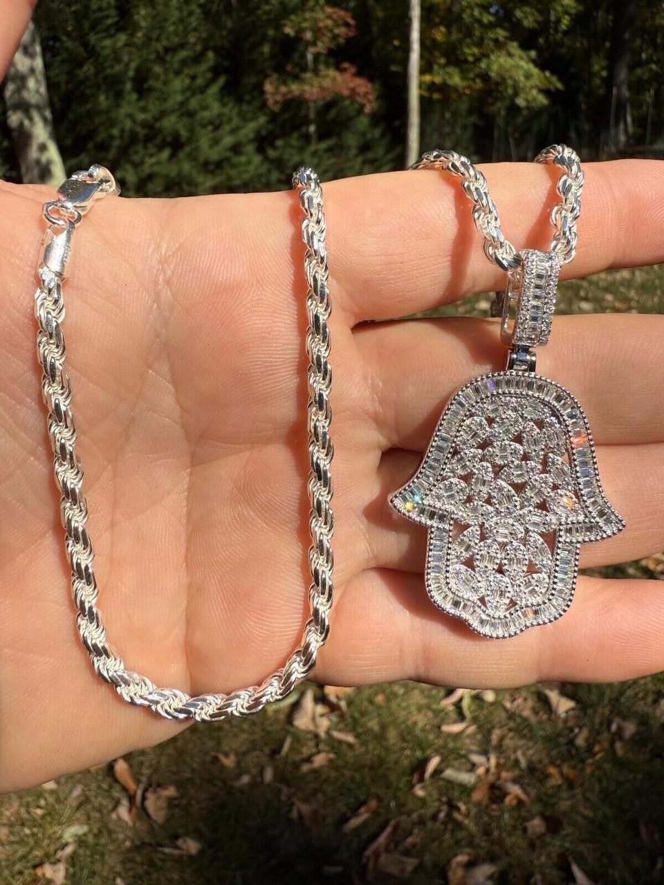 HarlemBling MOISSANITE 100 Evil Eyes Hamsa Hand Iced Out Pendant - 925 Silver - 3 Sizes 1.25"-3"